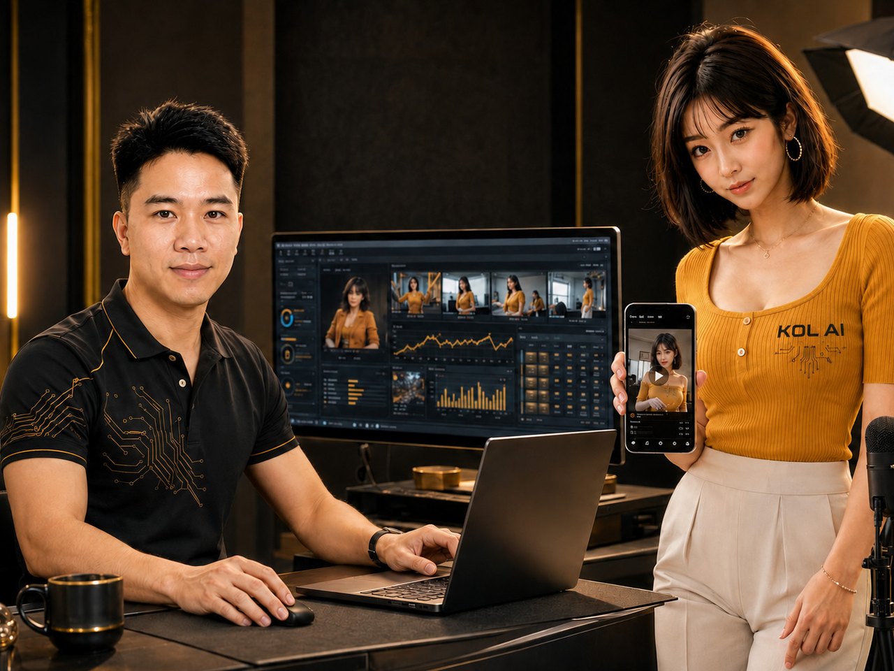 Hai người trong phòng thu nội dung: màn hình mở bảng điều khiển tạo nội dung bằng AI, điện thoại đang phát một video KOL